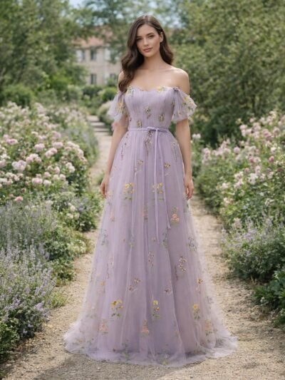 Purple Prom Dress 3D Floral Appliqu