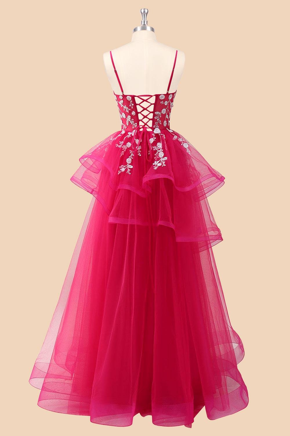 Red Prom Dress 3D Floral Applique, Custom Made Satin Evening Gown, Formal Gala Wear - Image 4