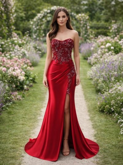 Red Prom Dress 3D Floral Applique