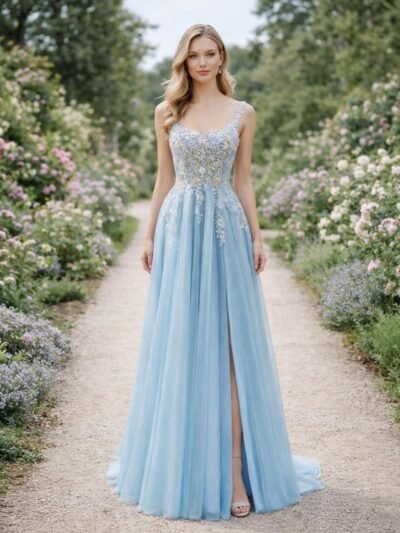 3D Floral Applique Evening Gown