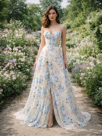 White Prom Dress 3D Floral Applique