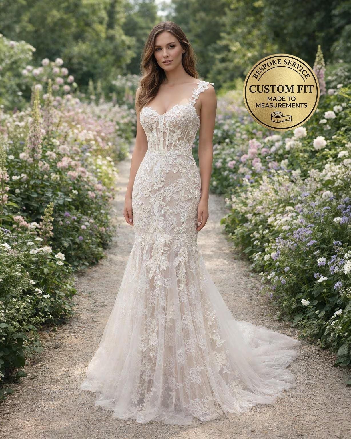 White Wedding Dress 3D Floral Applique