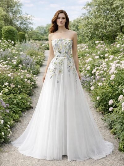 White Wedding Dress 3D Floral Applique