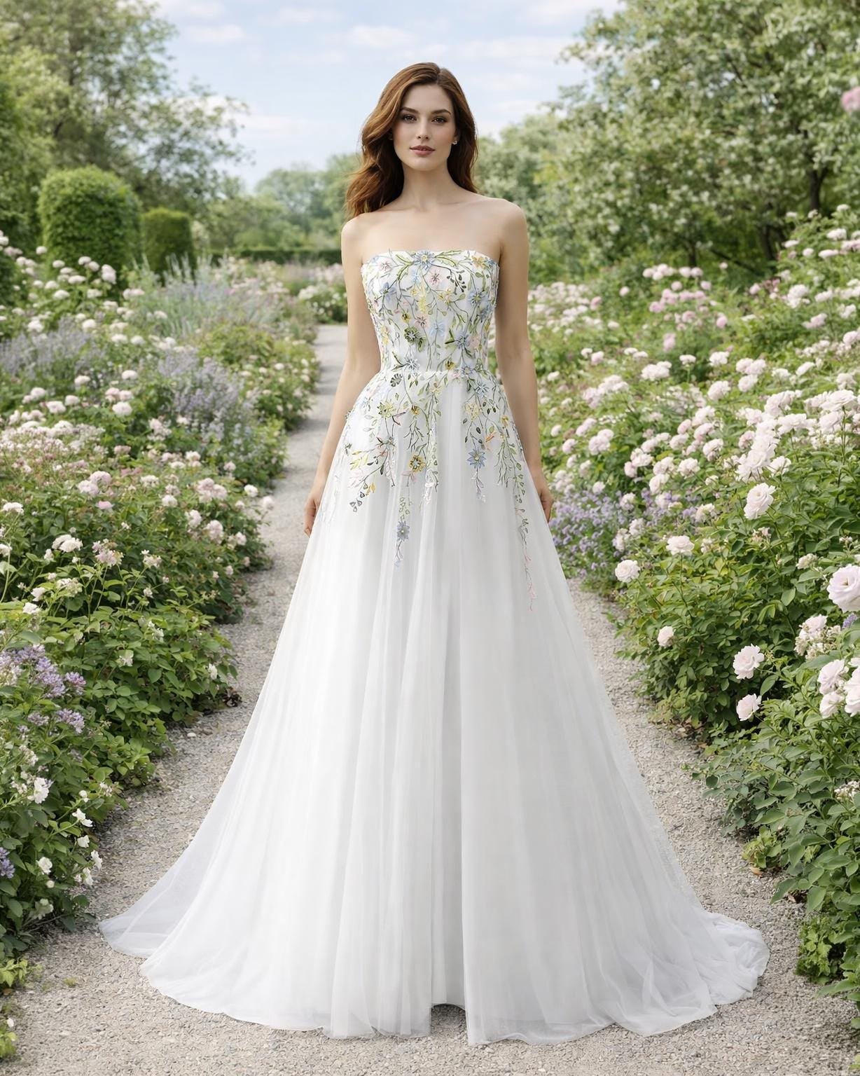 White Wedding Dress 3D Floral Applique