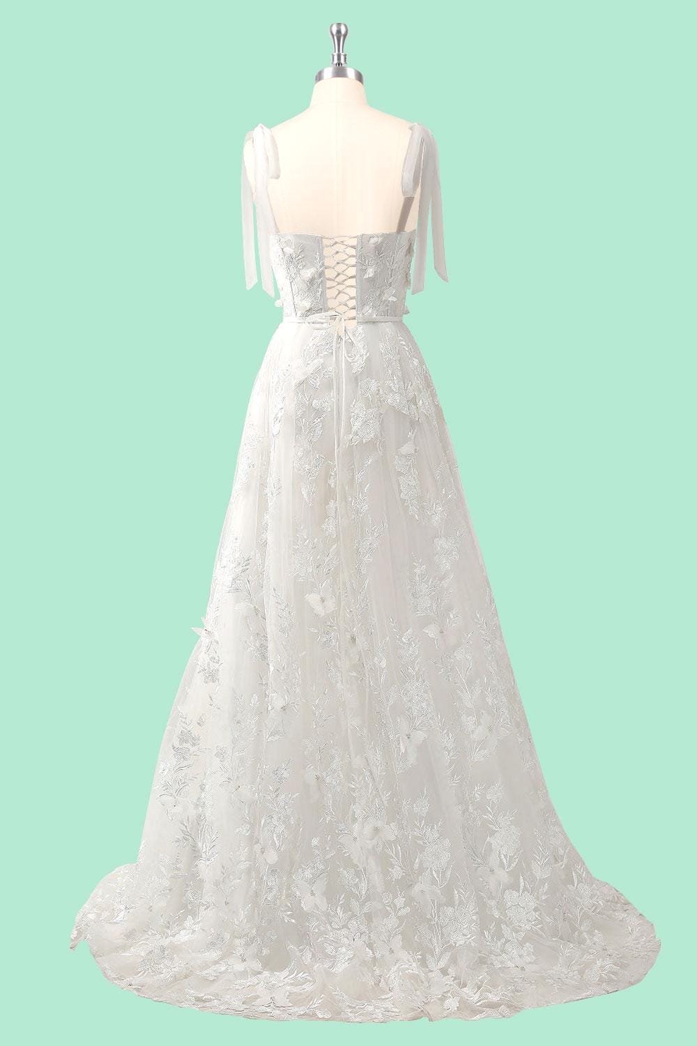 White Wedding Dress 3D Floral Applique, Custom Made Embroidery Bridal Gown, Outdoor Wedding Wear - Image 4