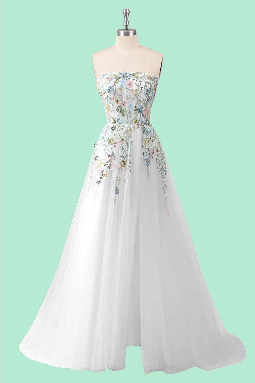 White Wedding Dress 3D Floral Applique, Custom Made Embroidery Bridal Gown, Outdoor Wedding Wear - Image 4
