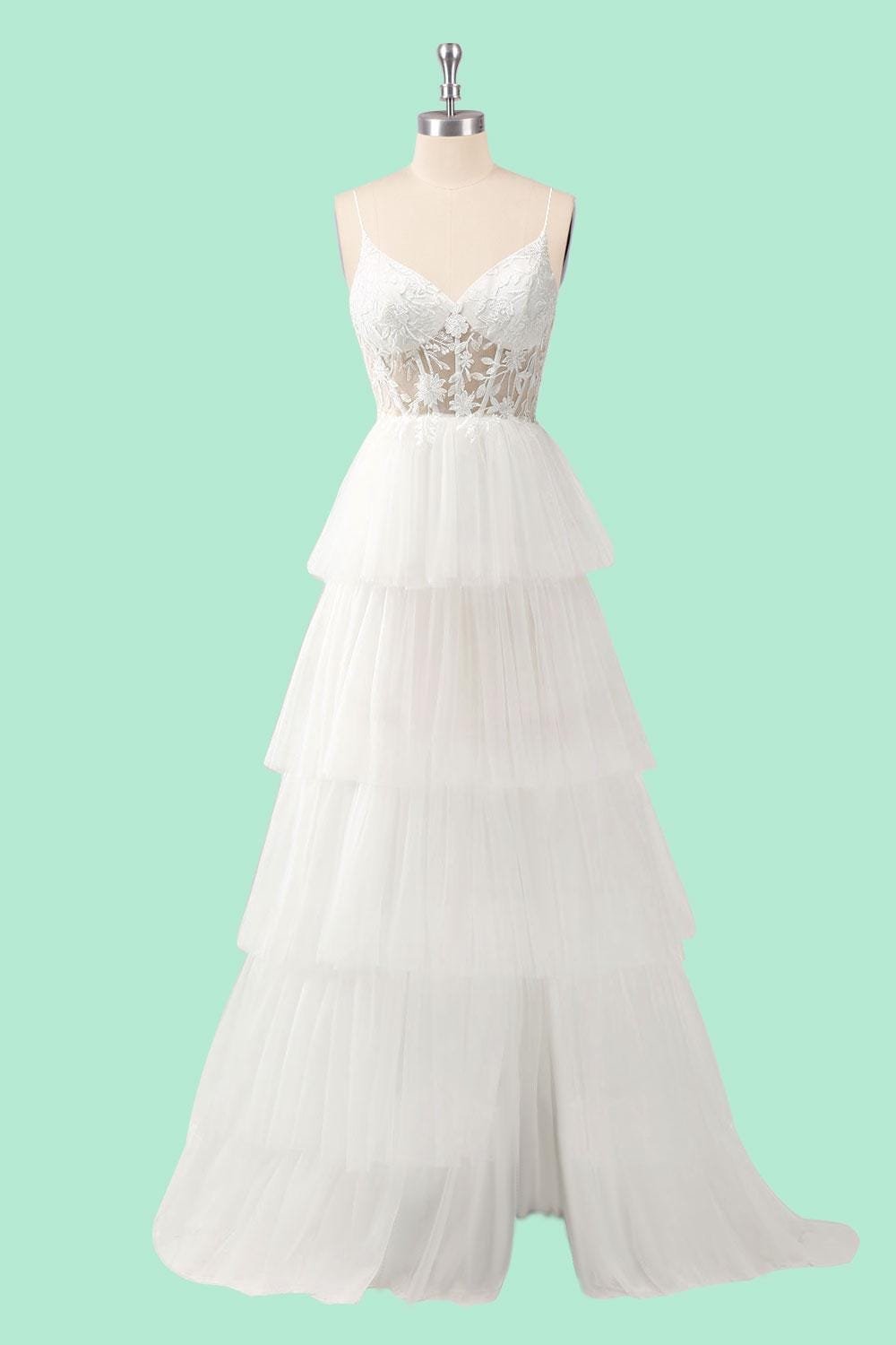 White Wedding Dress 3D Floral Applique, Custom Made Embroidery Bridal Gown, Outdoor Wedding Wear - Image 5