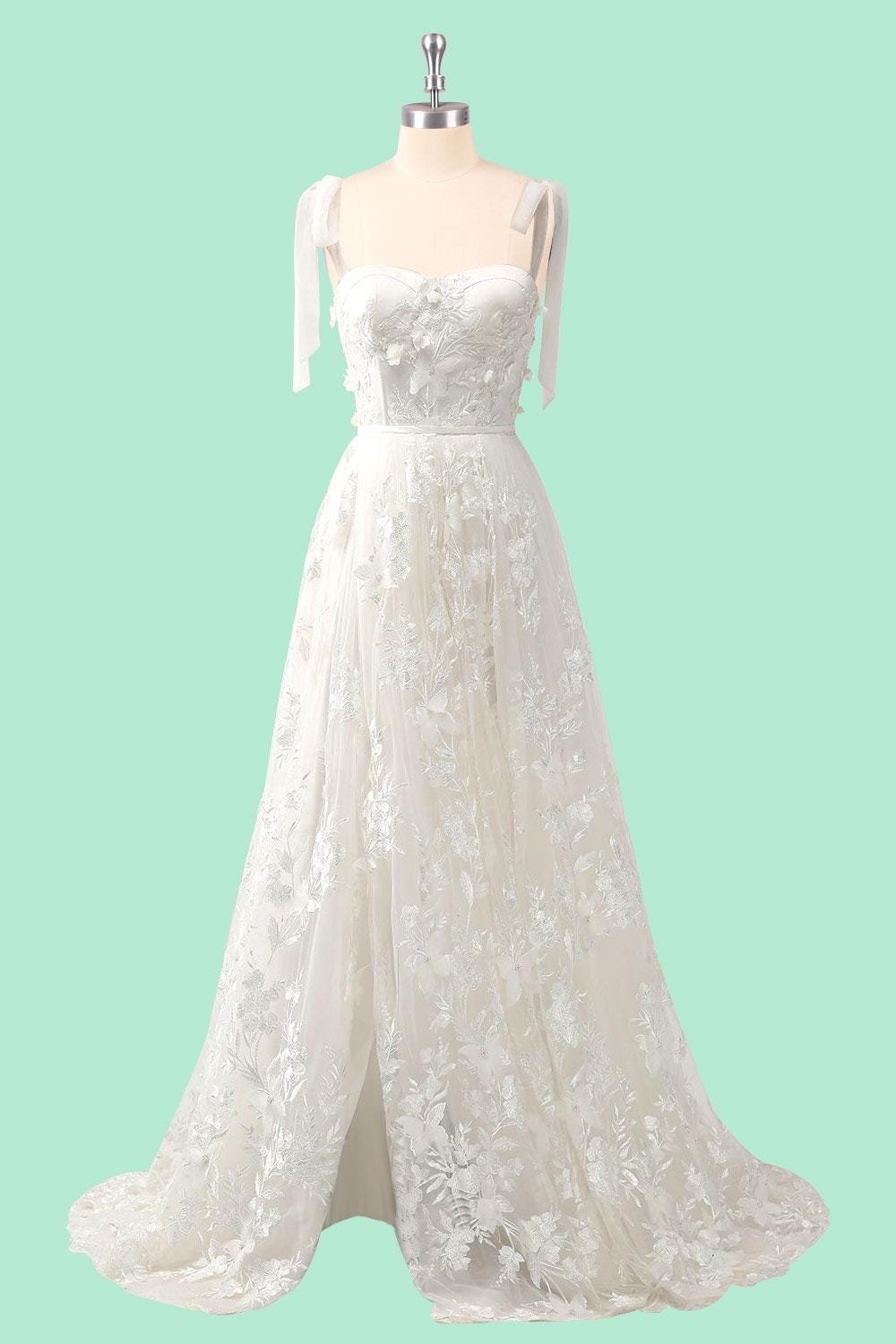 White Wedding Dress 3D Floral Applique, Custom Made Embroidery Bridal Gown, Outdoor Wedding Wear - Image 5