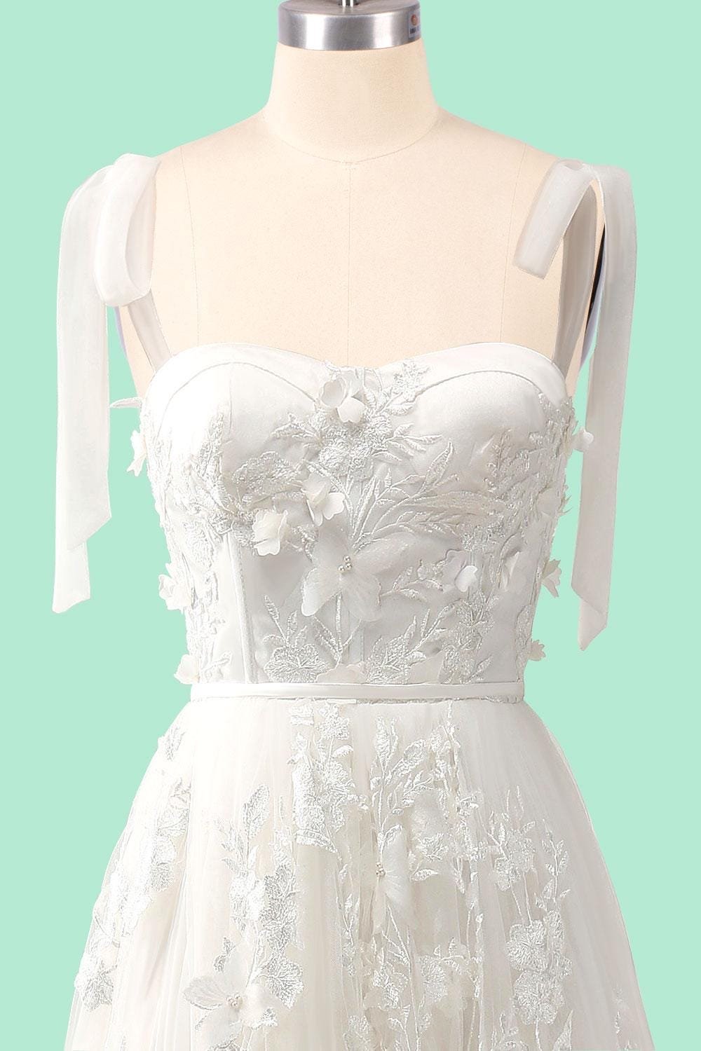 White Wedding Dress 3D Floral Applique, Custom Made Embroidery Bridal Gown, Outdoor Wedding Wear - Image 6