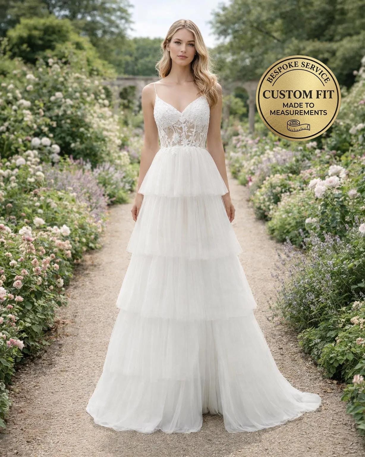 White Wedding Dress 3D Floral Applique