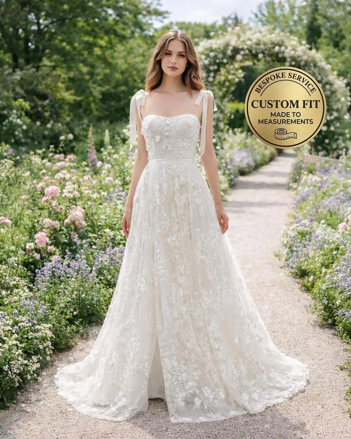 White Wedding Dress 3D Floral Applique