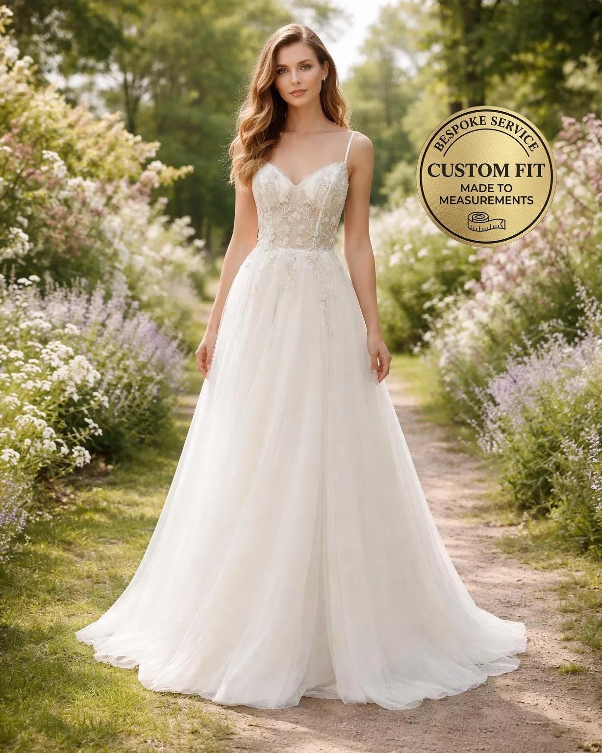 White Wedding Dress 3D Floral Applique