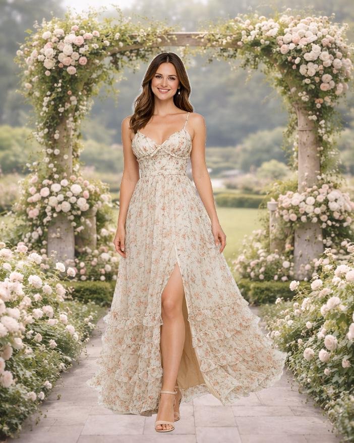 Champagne 2026 Prom Dress with 3D Floral Appliqué Custom Printed Flower Chiffon Evening Gown - Image 2