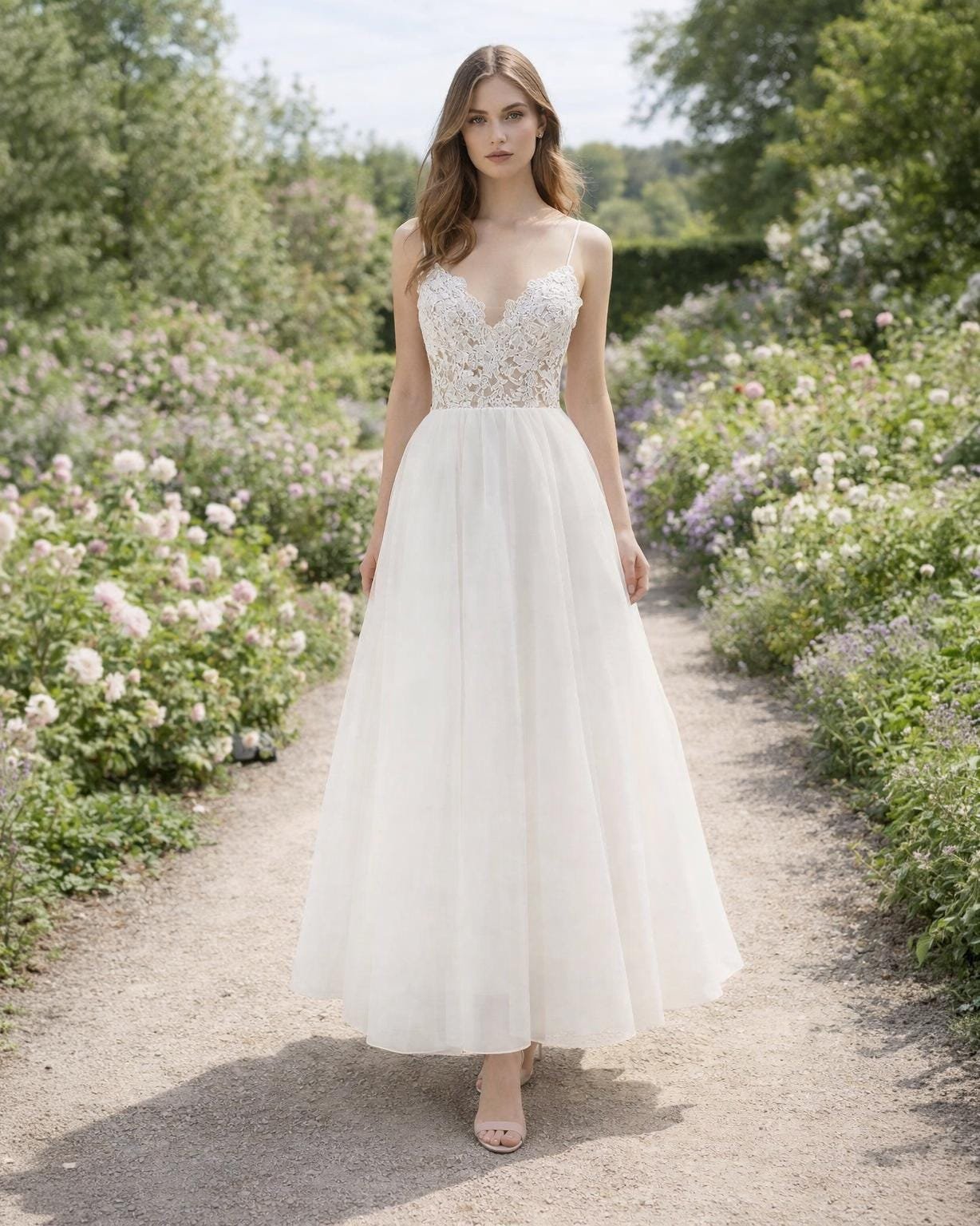 White Wedding Dress 3D Floral Applique