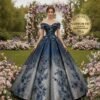 Navy Prom Dress  3D Floral Applique