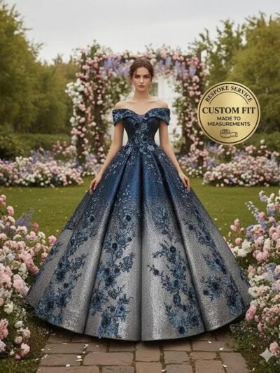 Navy Prom Dress  3D Floral Applique