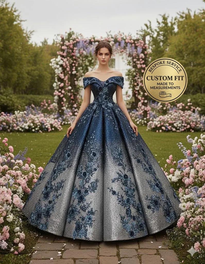 Navy Prom Dress  3D Floral Applique