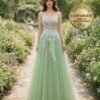 Cyan Prom Dress 3D Floral Applique