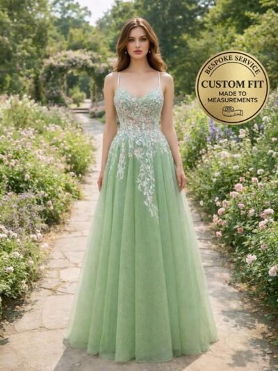 Cyan Prom Dress 3D Floral Applique