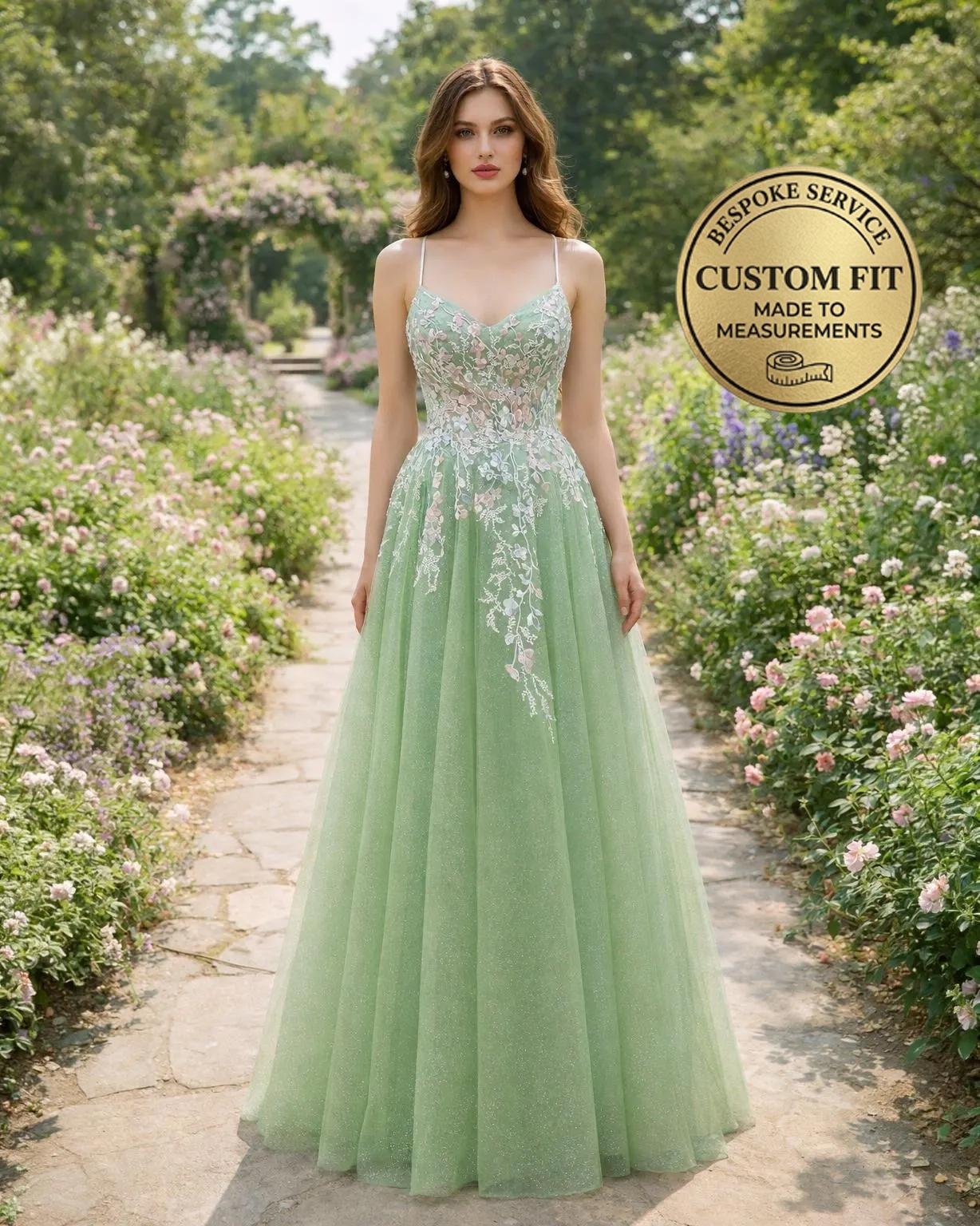 Cyan Prom Dress 3D Floral Applique