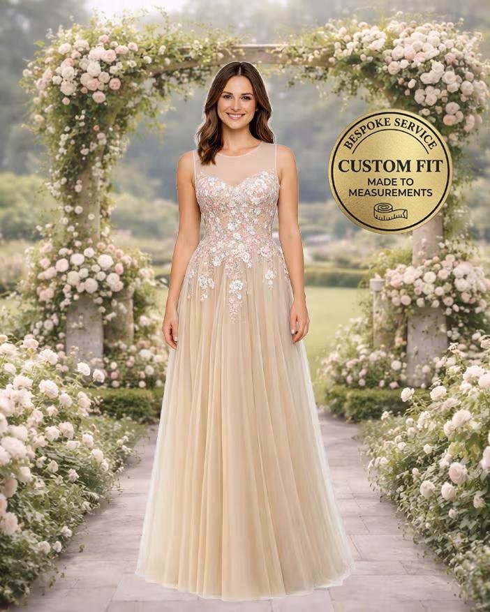Champagne Prom Dress 3D Floral Appl