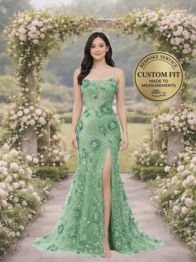 Green Prom Dress 3D Floral Applique