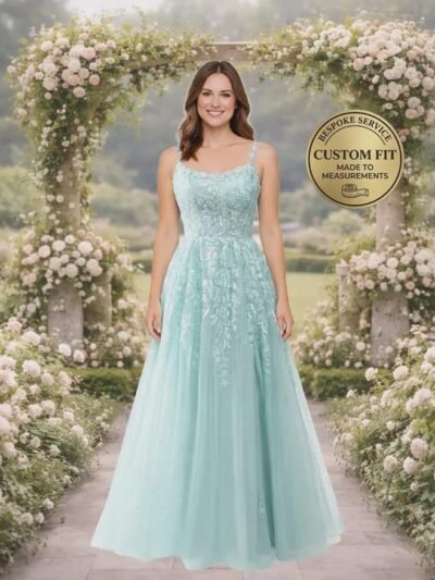 Cyan Prom Dress 3D Floral Applique