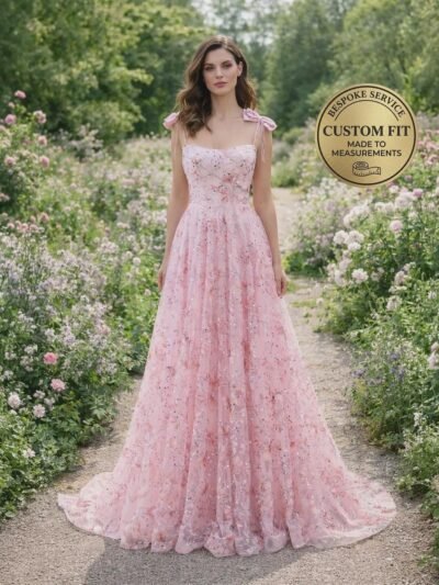 Pink Prom Dress 3D Floral Applique