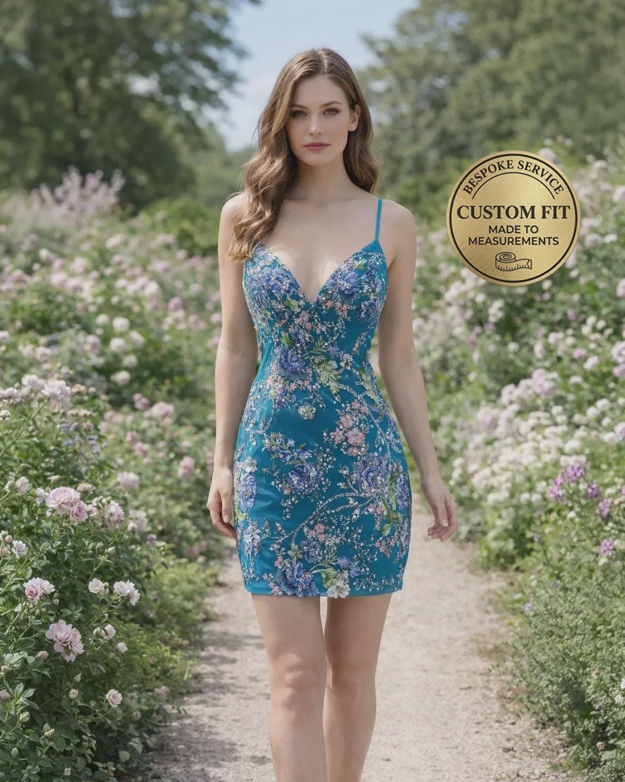 Blue Prom Dress 3D Floral Applique