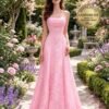 Pink Prom Dress  3D Floral Applique