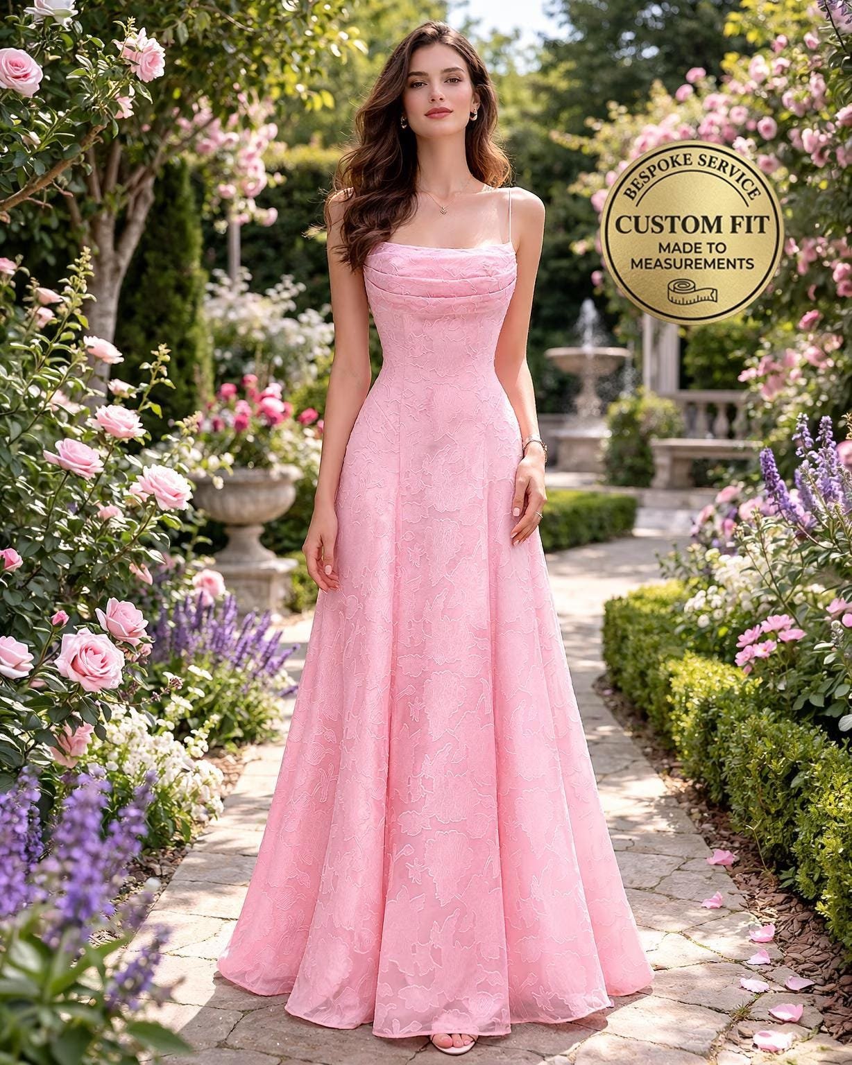 Pink Prom Dress 3D Floral Applique