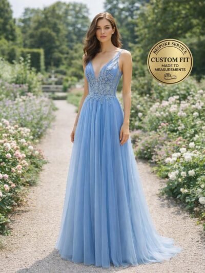 Blue Prom Dress 3D Floral Applique