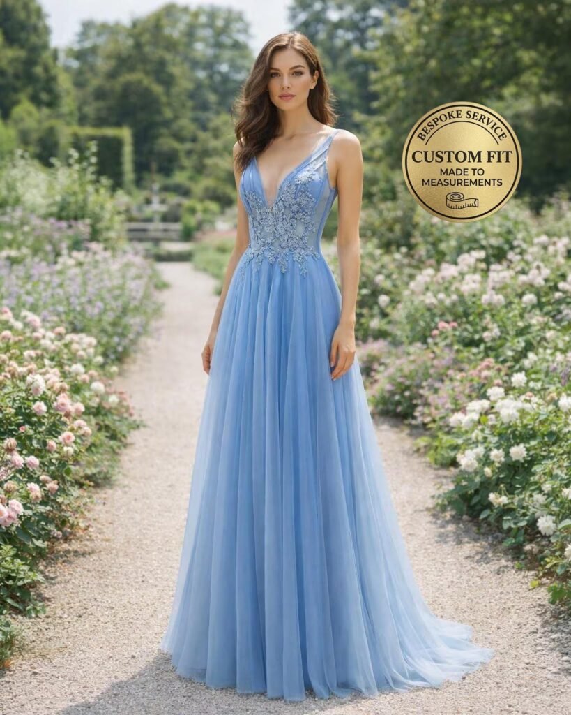 Blue Prom Dress 3D Floral Applique