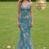 Blue Prom Dress  3D Floral Applique