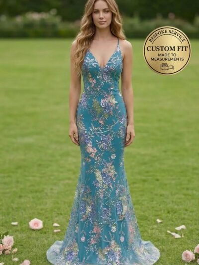 Blue Prom Dress  3D Floral Applique
