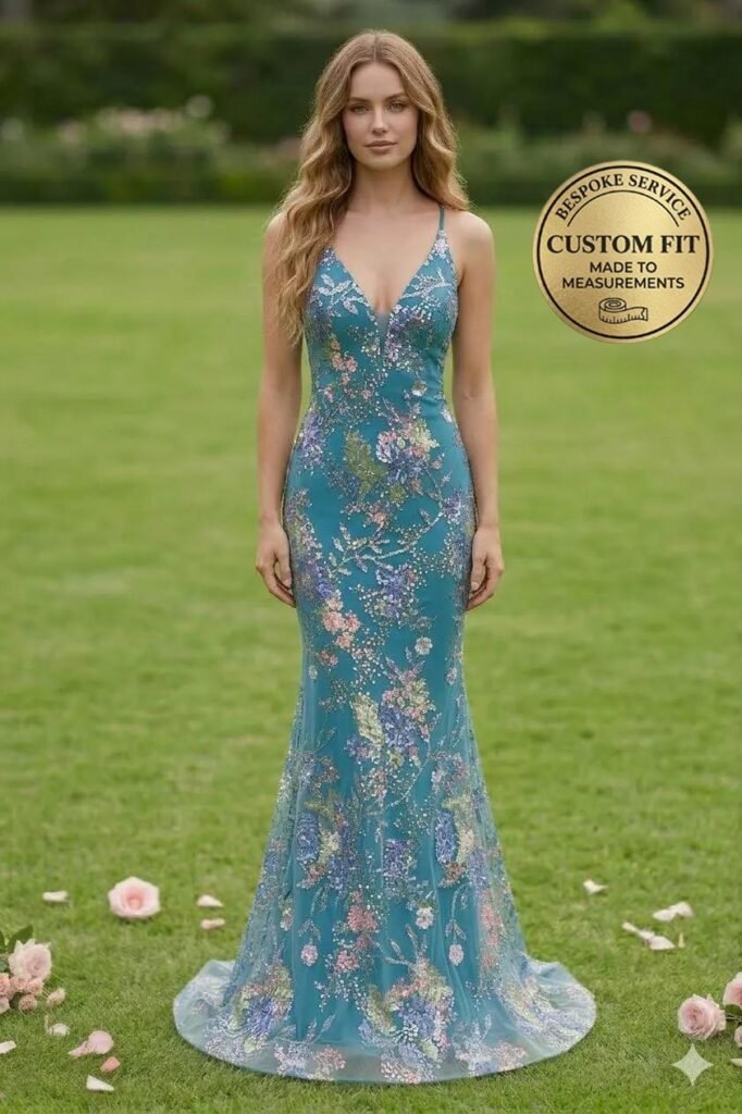 Blue Prom Dress  3D Floral Applique