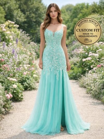 Cyan Prom Dress 3D Floral Applique