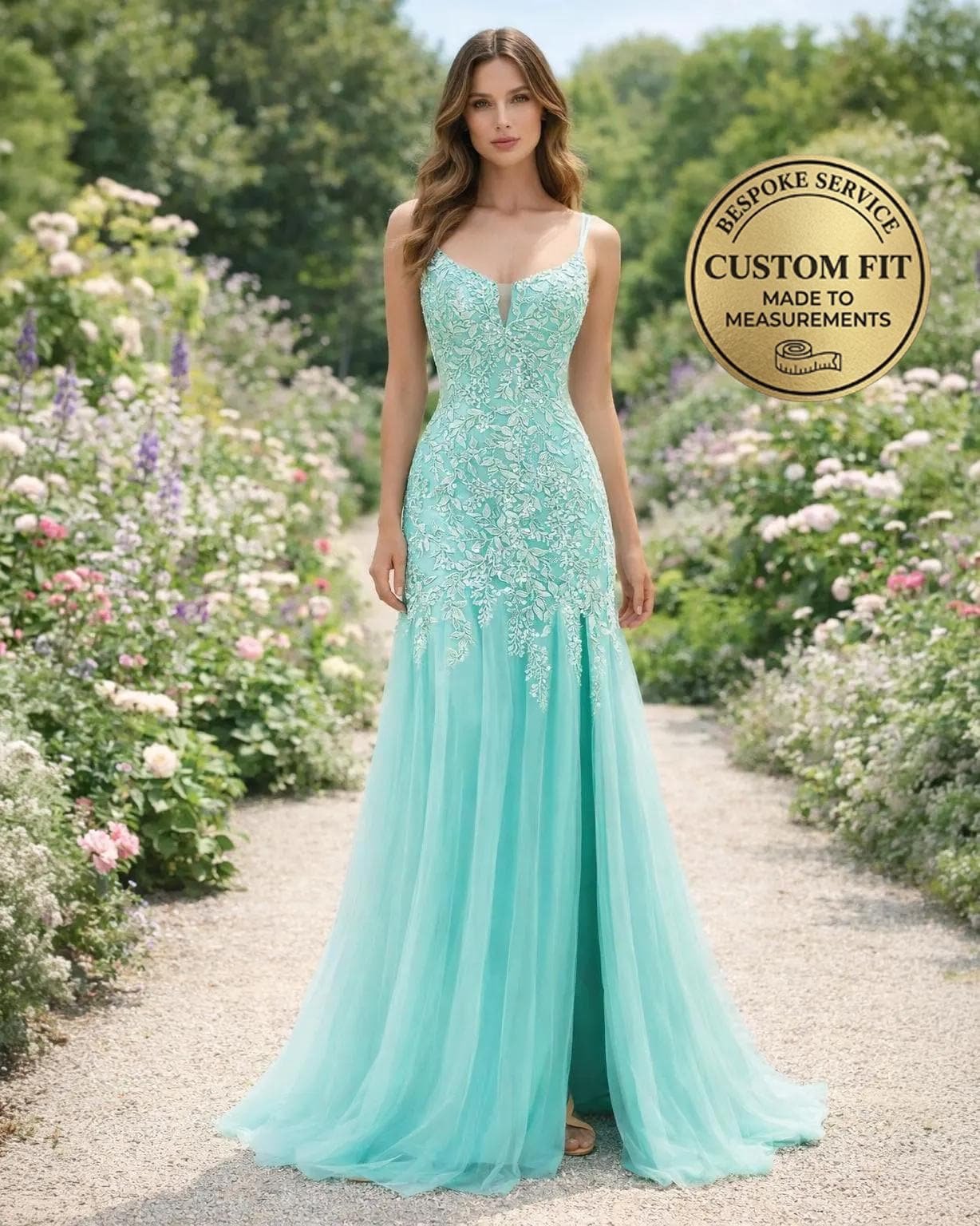 Cyan Prom Dress 3D Floral Applique