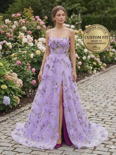 Purple Prom Dress  3D Floral Appliqu