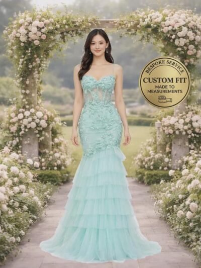 Cyan Prom Dress  3D Floral Applique