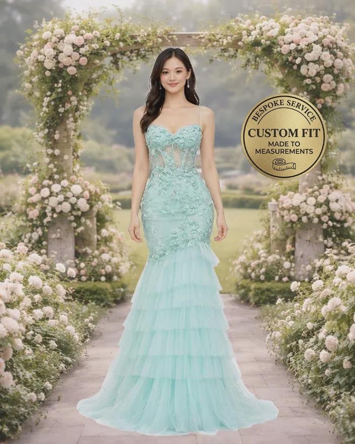 Cyan Prom Dress 3D Floral Applique