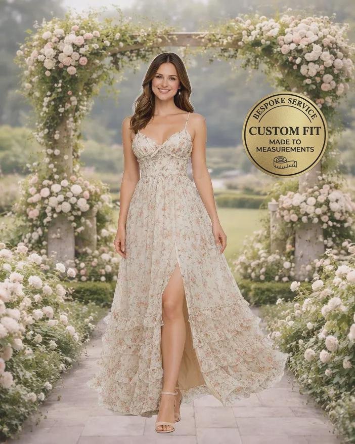 Champagne 2026 Prom Dress with 3D Floral Appliqué Custom Printed Flower Chiffon Evening Gown