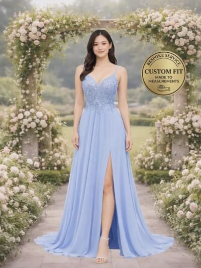Blue Prom Dress  3D Floral Applique