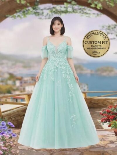 Cyan Prom Dress 3D Floral Applique