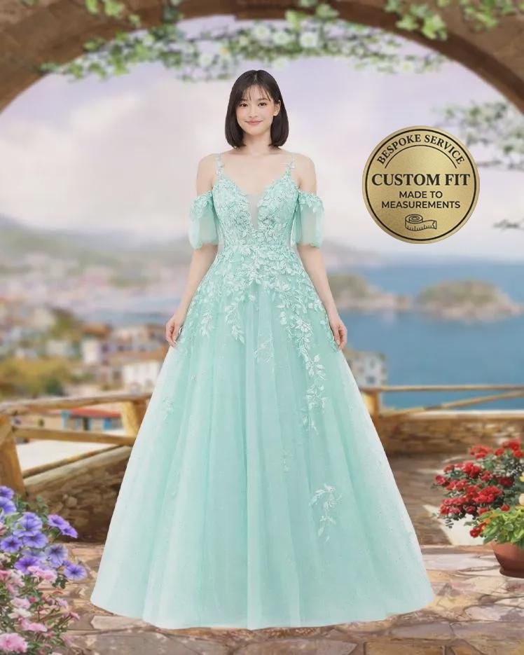 Cyan Prom Dress 3D Floral Applique