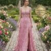 Pink Prom Dress 3D Floral Applique