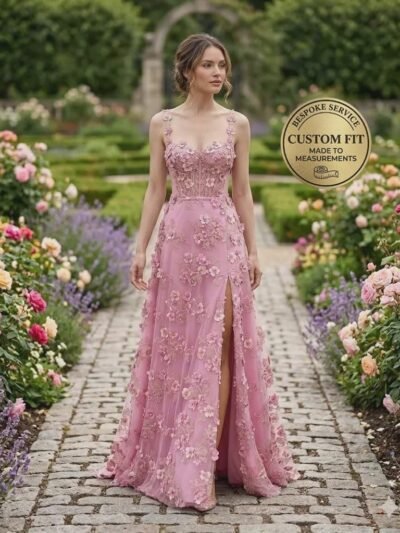 Pink Prom Dress 3D Floral Applique
