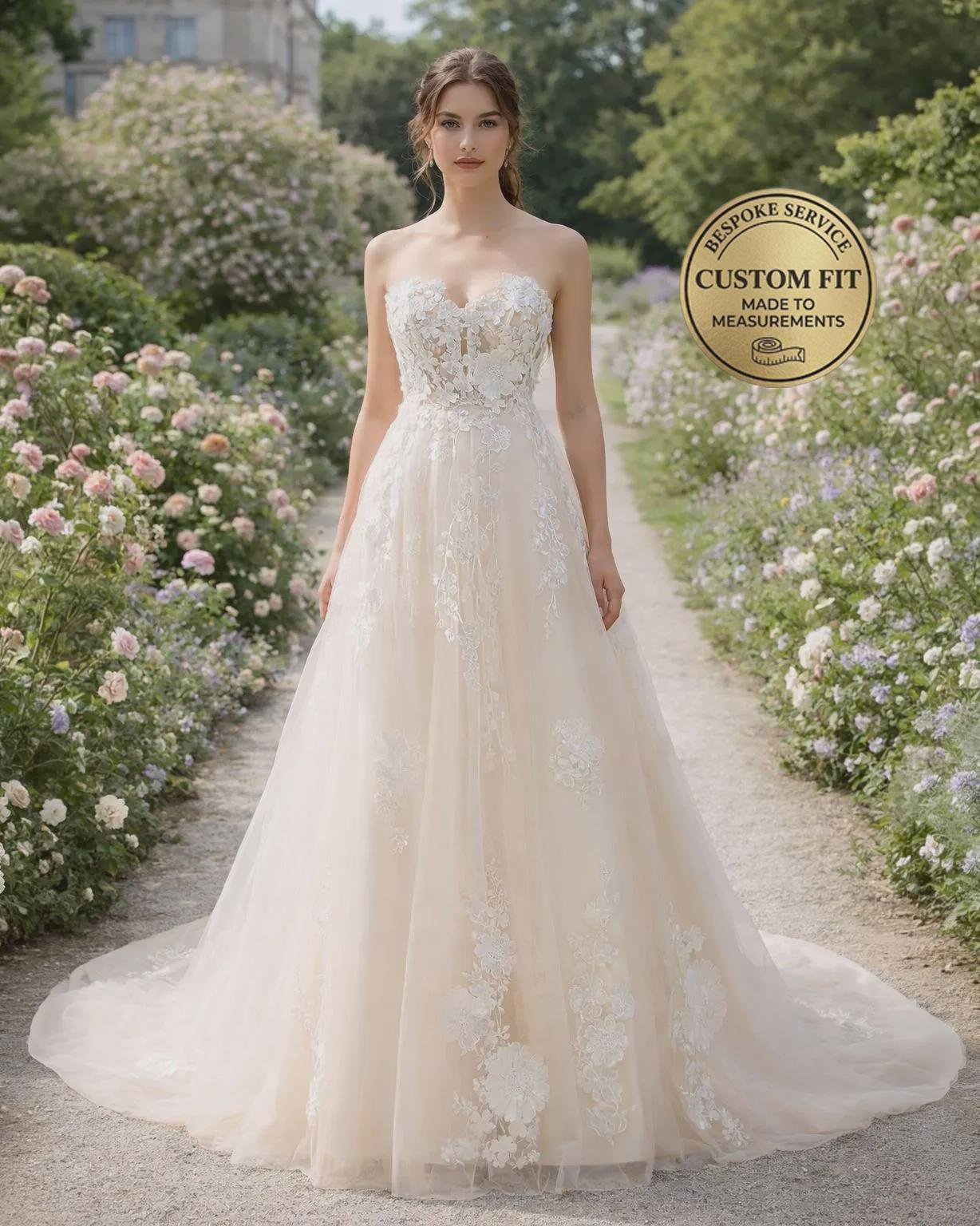 Champagne Wedding Dress 3D Floral Appliq