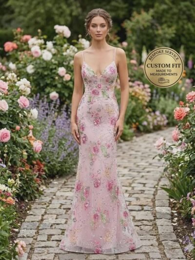 Pink Prom Dress 3D Floral Applique