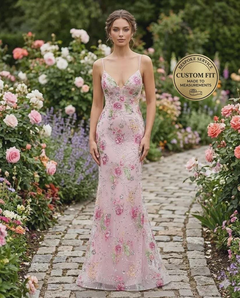 Pink Prom Dress 3D Floral Applique